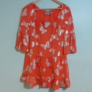 Brand New with tags - Coral Orange Silk Dress with metallic gold butterflies